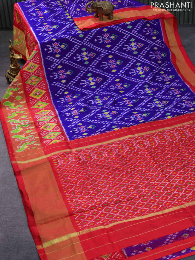 Pochampally silk saree blue and red with allover ikat weaves and long ikat woven zari border