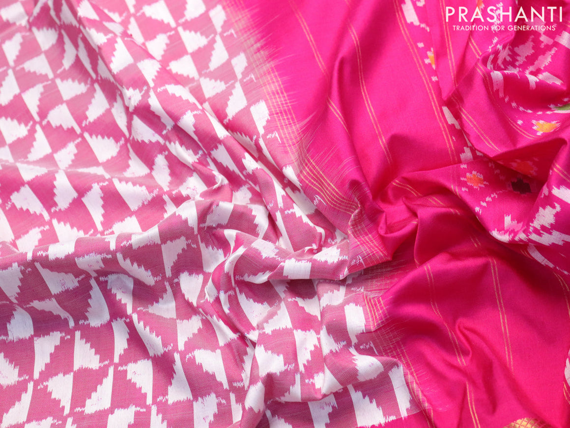 Pochampally silk saree dark magenta pink off white and pink with allover ikat weaves and zari woven border