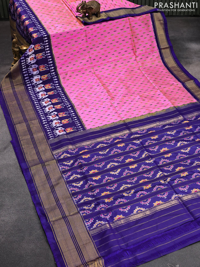 Pochampally silk saree candy pink and blue with allover ikat butta weaves and long zari woven border