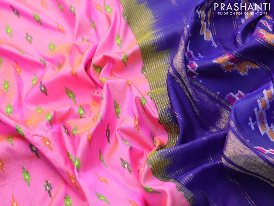 Pochampally silk saree candy pink and blue with allover ikat butta weaves and long zari woven border