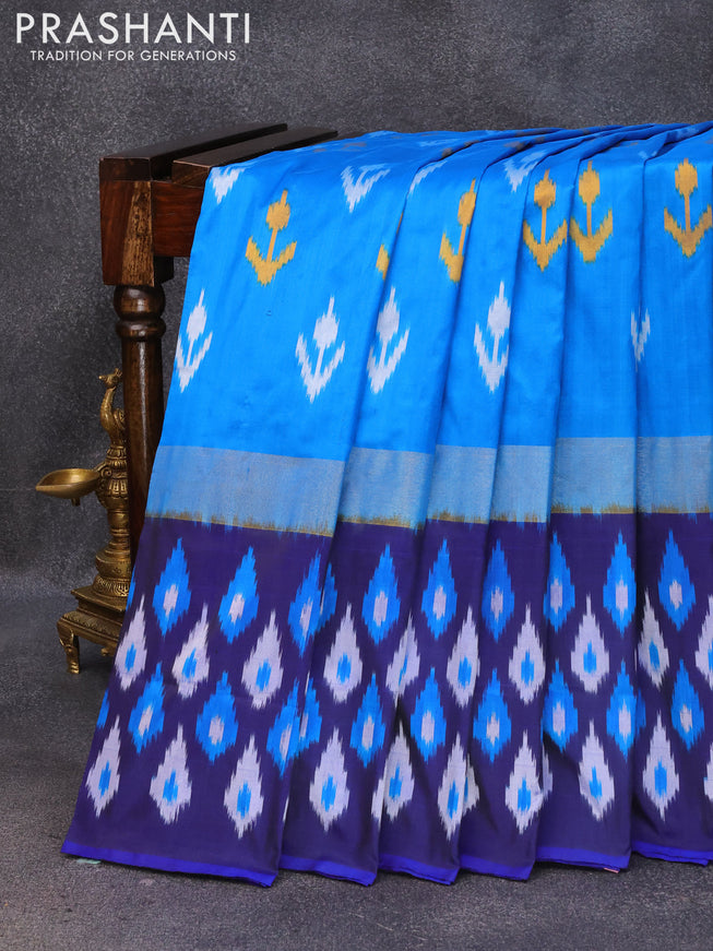 Pochampally silk saree cs blue and navy blue with allover ikat butta weaves and zari woven ikat style border