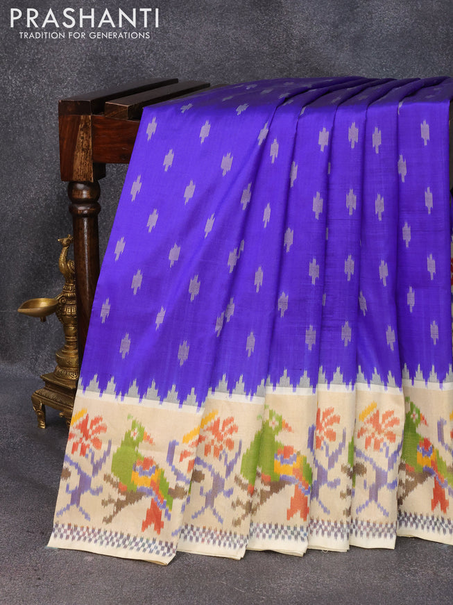 Pochampally silk saree blue and cream with allover ikat butta weaves and zari woven ikat border