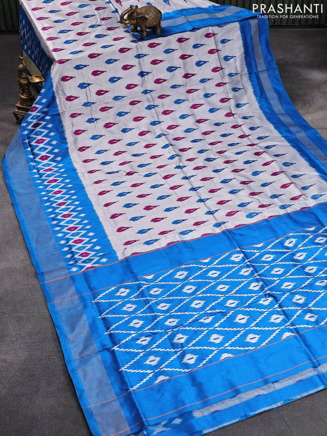 Pochampally silk saree grey and cs blue with allover ikat butta weaves and zari woven ikat border