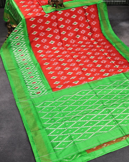 Pochampally silk saree orange and light green with allover ikat butta weaves and zari woven ikat border