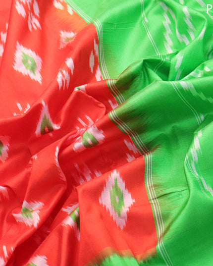 Pochampally silk saree orange and light green with allover ikat butta weaves and zari woven ikat border