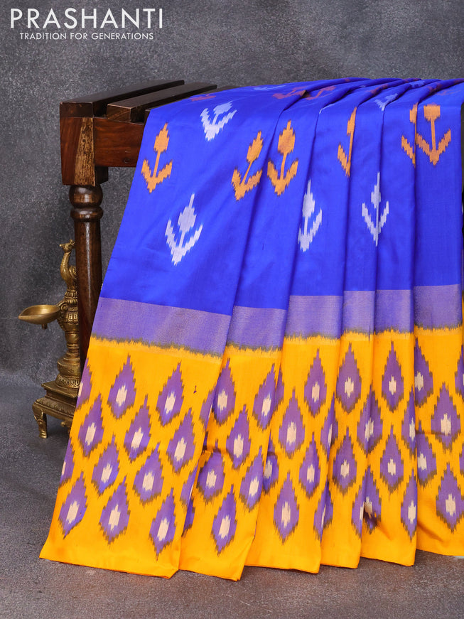 Pochampally silk saree royal blue and mango yellow with allover ikat butta weaves and zari woven ikat style border