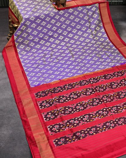 Pochampally silk saree dual shade of blue and red with allover ikat butta weaves and zari woven border