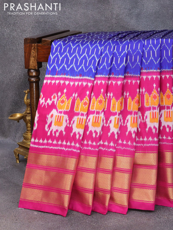 Pochampally silk saree blue and dark magenta pink with allover ikat weaves and long zari woven border