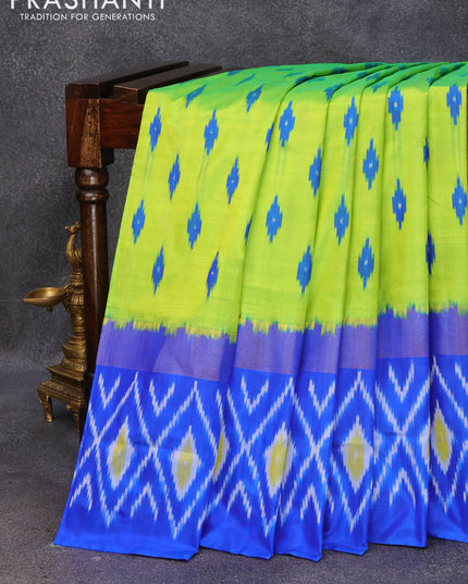 Pochampally silk saree light green and blue with allover ikat butta weaves and zari woven ikat style border