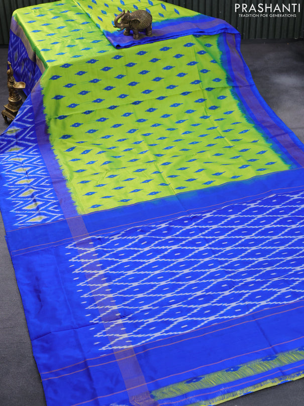 Pochampally silk saree light green and blue with allover ikat butta weaves and zari woven ikat style border