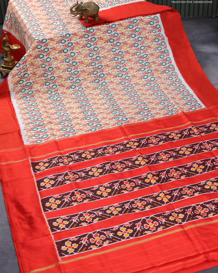 Pochampally silk saree off white and red with allover ikat weaves and simple border