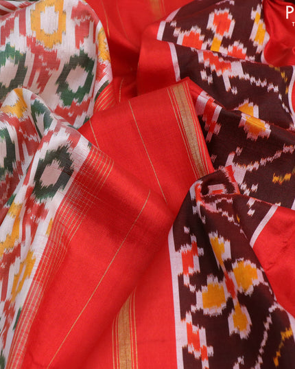 Pochampally silk saree off white and red with allover ikat weaves and simple border