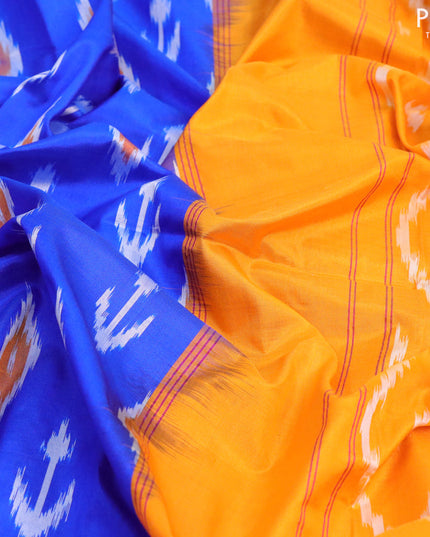 Pochampally silk saree royal blue and orange with allover ikat butta weaves and long zari woven ikat style border