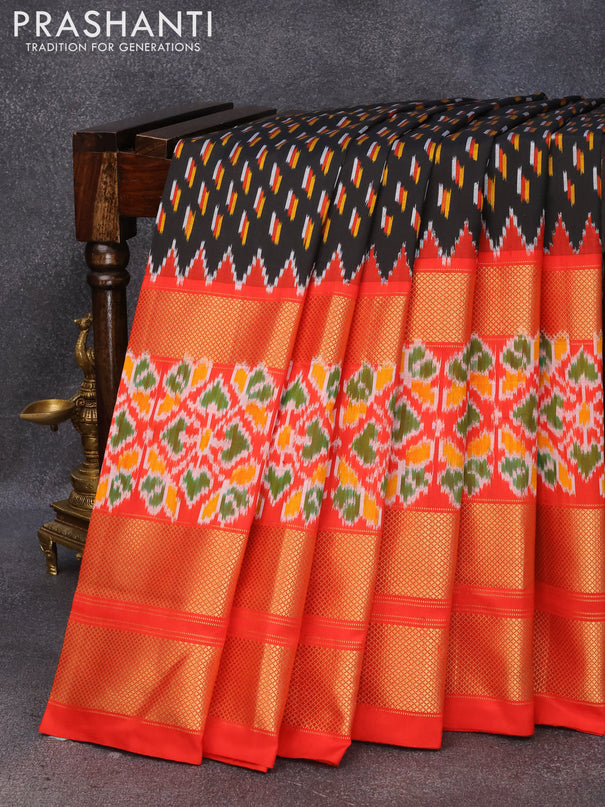 Pochampally silk saree black and red with allover ikat butta weaves and long ikat zari woven border