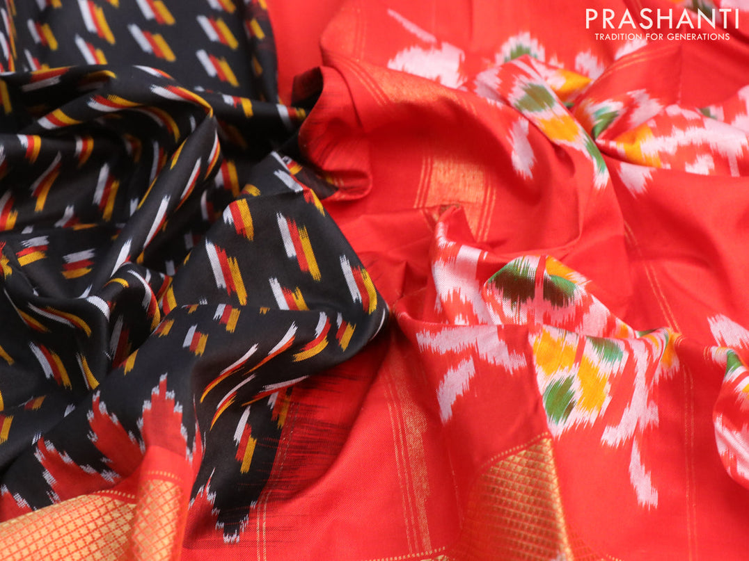 Pochampally silk saree black and red with allover ikat butta weaves and long ikat zari woven border