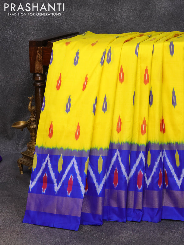Pochampally silk saree yellow and royal blue with allover ikat butta weaves and ikat woven zari border