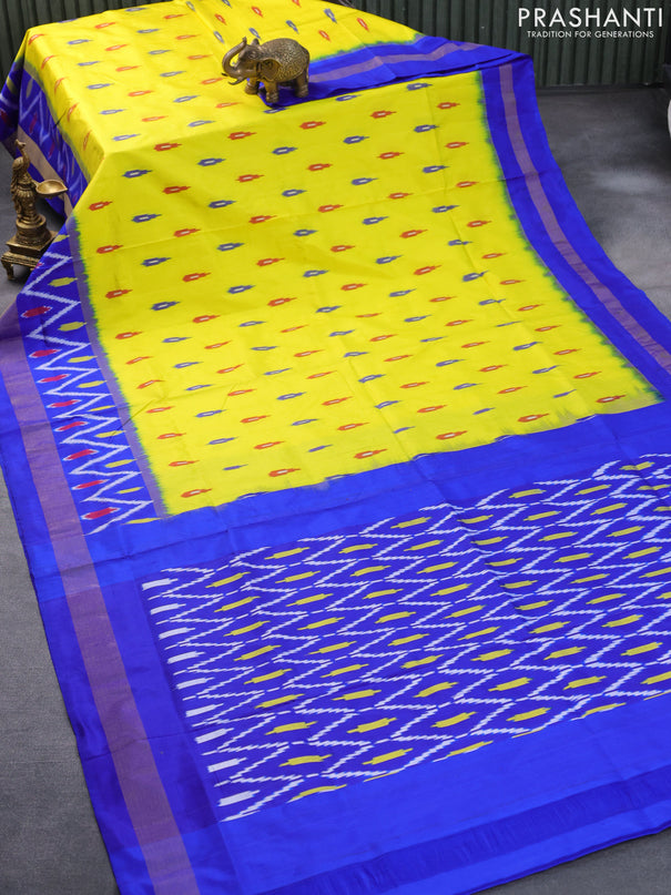 Pochampally silk saree yellow and royal blue with allover ikat butta weaves and ikat woven zari border