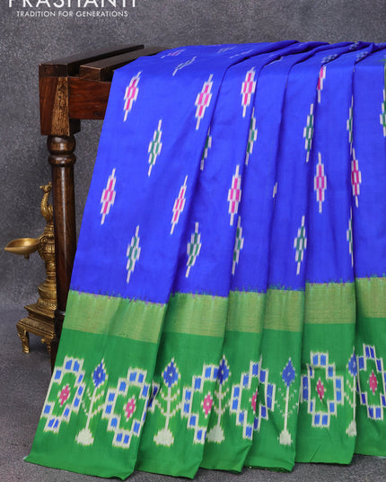 Pochampally silk saree blue and green with allover ikat butta weaves and zari woven ikat style border