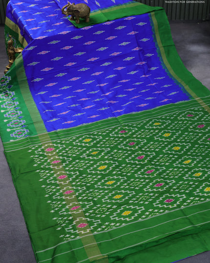 Pochampally silk saree blue and green with allover ikat butta weaves and zari woven ikat style border