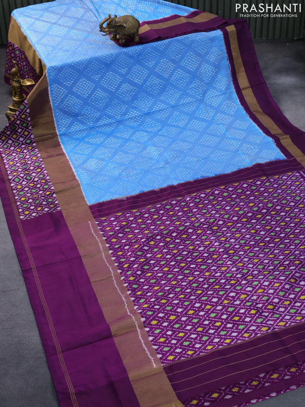 Pochampally silk saree blue and purple with allover ikat butta weaves and long zari woven ikat style border