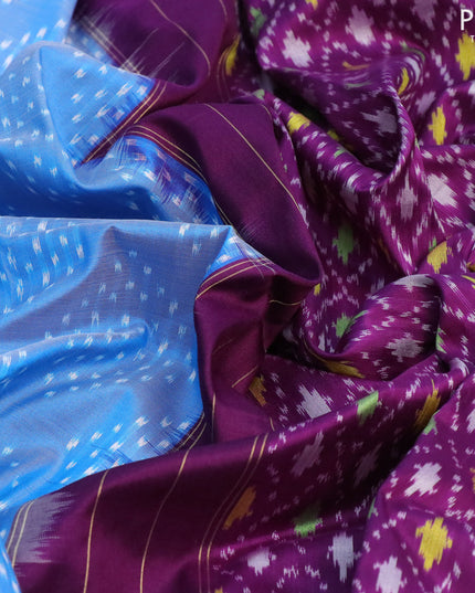 Pochampally silk saree blue and purple with allover ikat butta weaves and long zari woven ikat style border