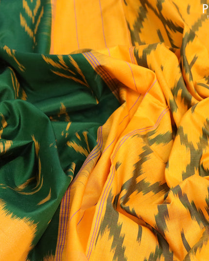 Pochampally silk saree green and mango yellow with allover ikat butta weaves and long zari woven ikat style border