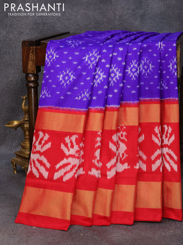 Pochampally silk saree royal blue and red with allover ikat butta weaves and long zari woven ikat style border