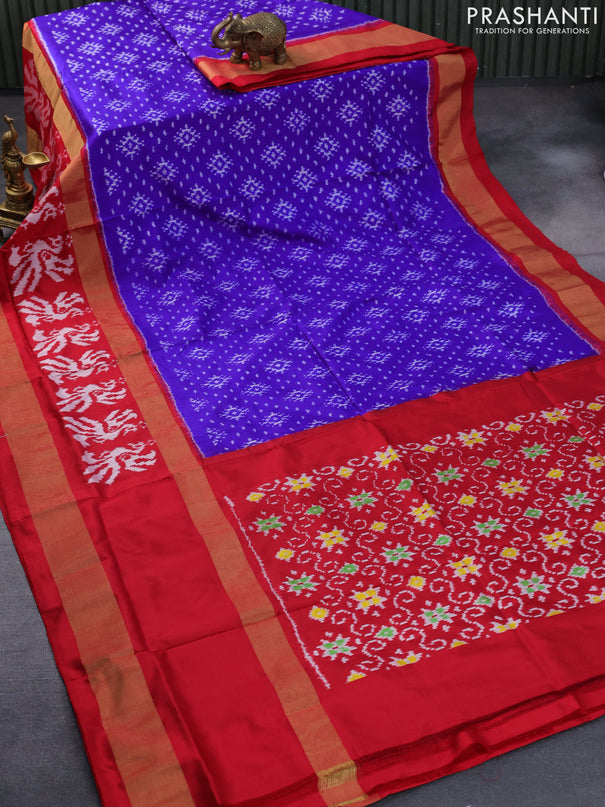 Pochampally silk saree royal blue and red with allover ikat butta weaves and long zari woven ikat style border