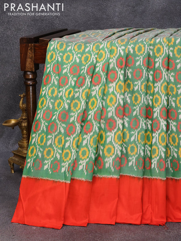 Pochampally silk saree green and orange with allover ikat weaves and simple border