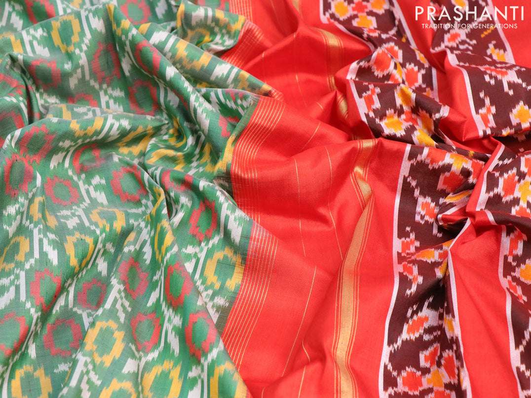 Pochampally silk saree green and orange with allover ikat weaves and simple border