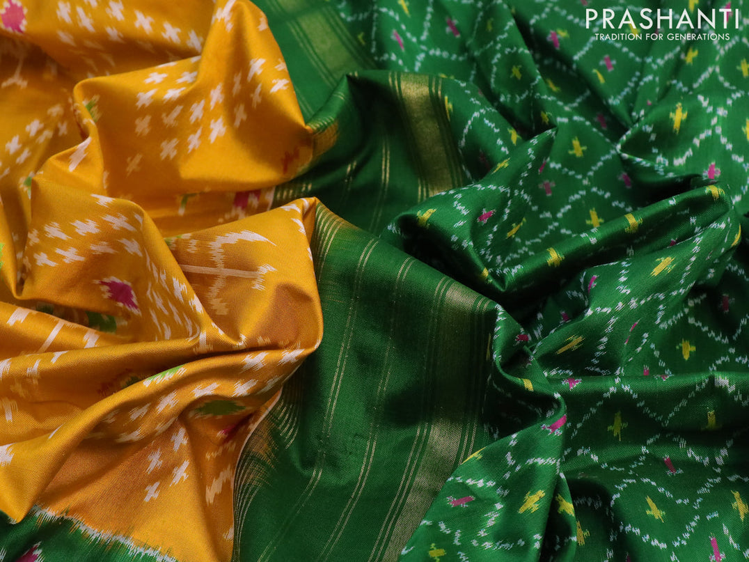 Pochampally silk saree mustard yellow and green with allover ikat weaves and long ikat woven zari border