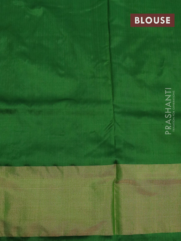 Pochampally silk saree mustard yellow and green with allover ikat weaves and long ikat woven zari border