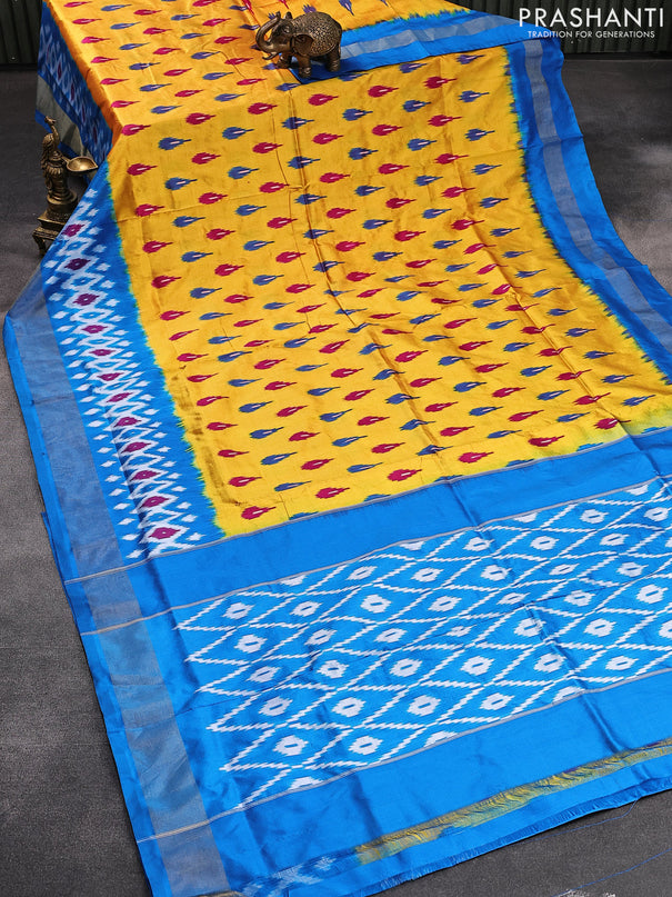 Pochampally silk saree mango yellow and cs blue with allover ikat butta weaves and ikat woven zari border