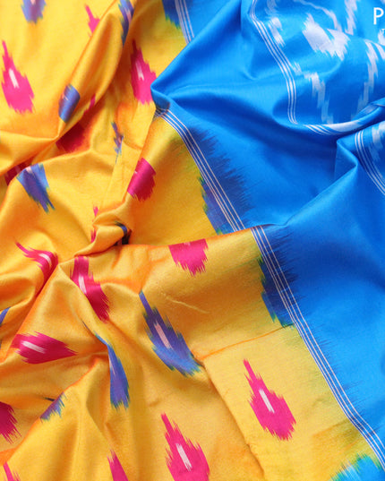 Pochampally silk saree mango yellow and cs blue with allover ikat butta weaves and ikat woven zari border