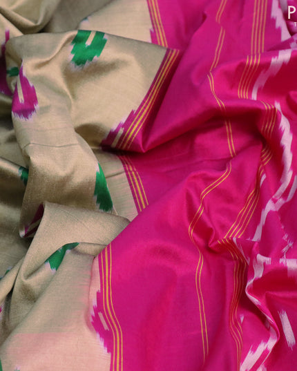 Pochampally silk saree elaichi green and pink with allover ikat butta weaves and temple design zari woven ikat style border