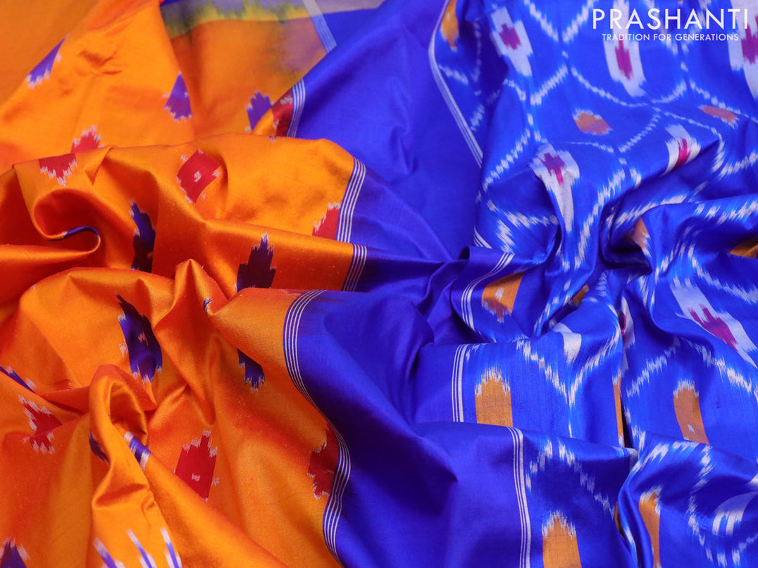 Pochampally silk saree orange and royal blue with allover ikat butta weaves and zari woven simple border