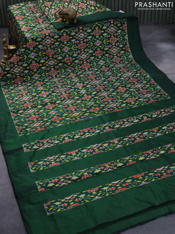Pochampally silk saree bottle green with allover ikat weaves and simple border
