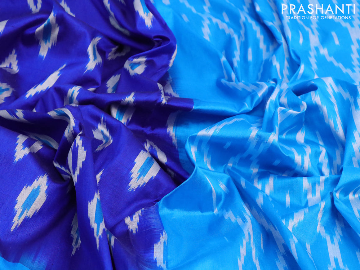Pochampally silk saree royal blue and cs blue with allover ikat butta weaves and ikat woven zari border