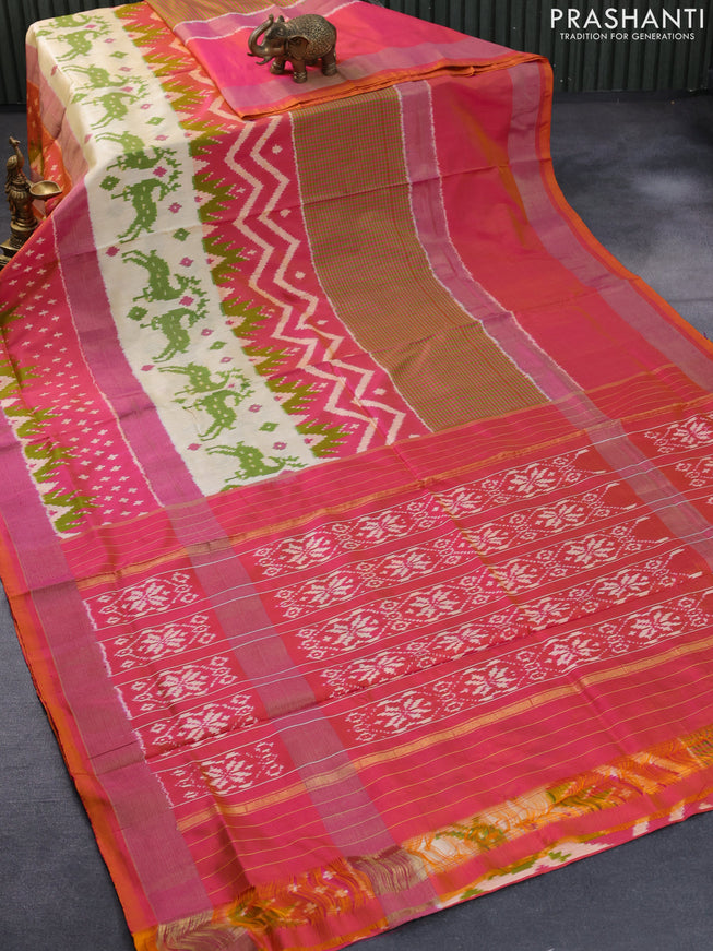 Pochampally silk saree dual shade of pink with allover ikat weaves and long zari woven ikat style border