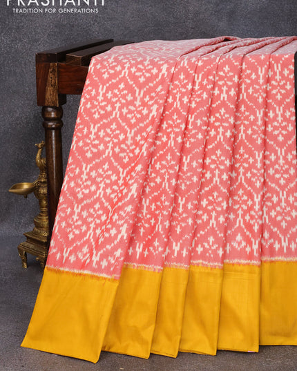 Pochampally silk saree red shade and mustard yellow with allover ikat weaves and simple border