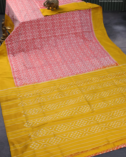 Pochampally silk saree red shade and mustard yellow with allover ikat weaves and simple border