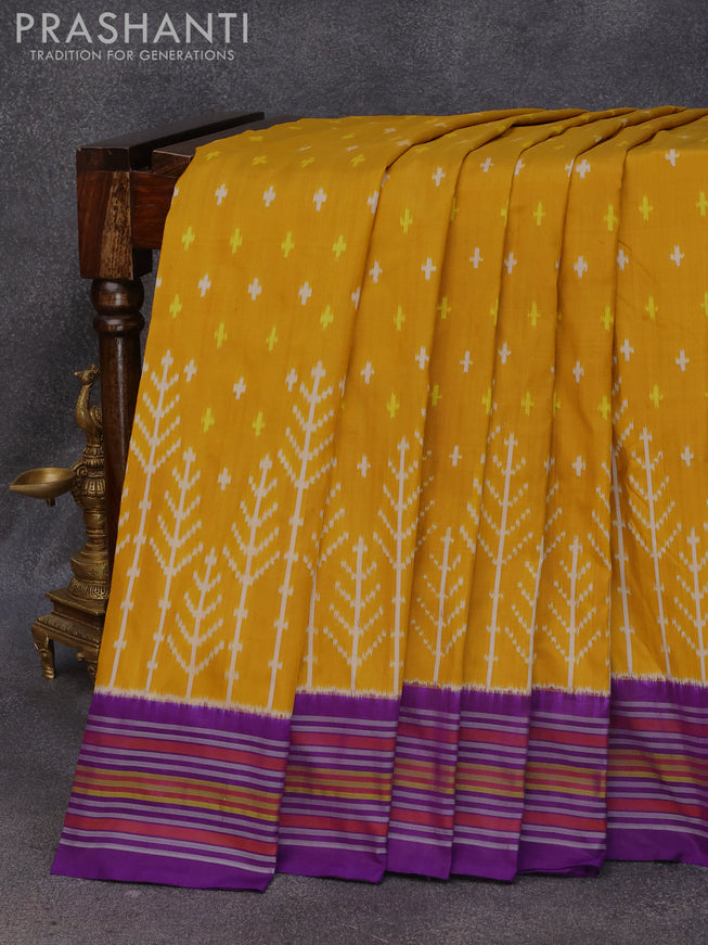 Pochampally silk saree mustard yellow and violet with allover ikat butta weaves and woven border