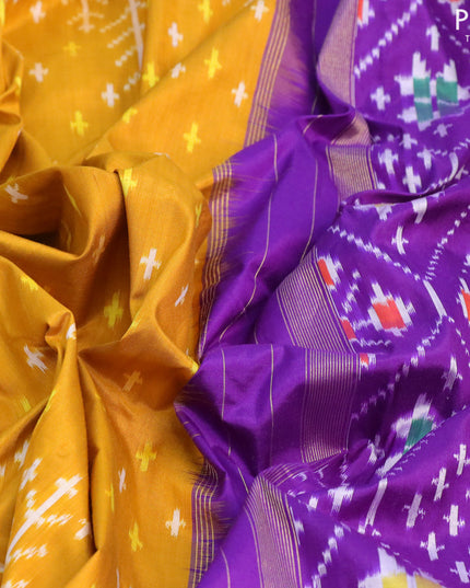 Pochampally silk saree mustard yellow and violet with allover ikat butta weaves and woven border