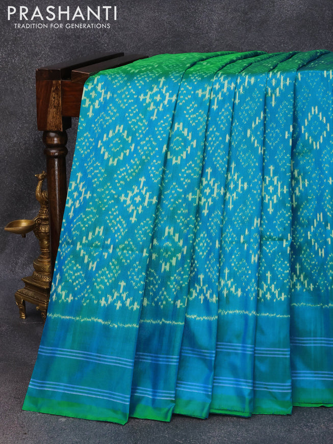 Pochampally silk saree dual shade of teal bluish green with allover ikat weaves and simple border