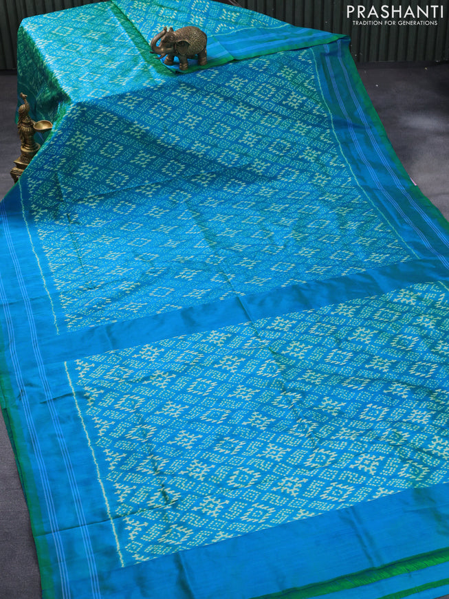 Pochampally silk saree dual shade of teal bluish green with allover ikat weaves and simple border