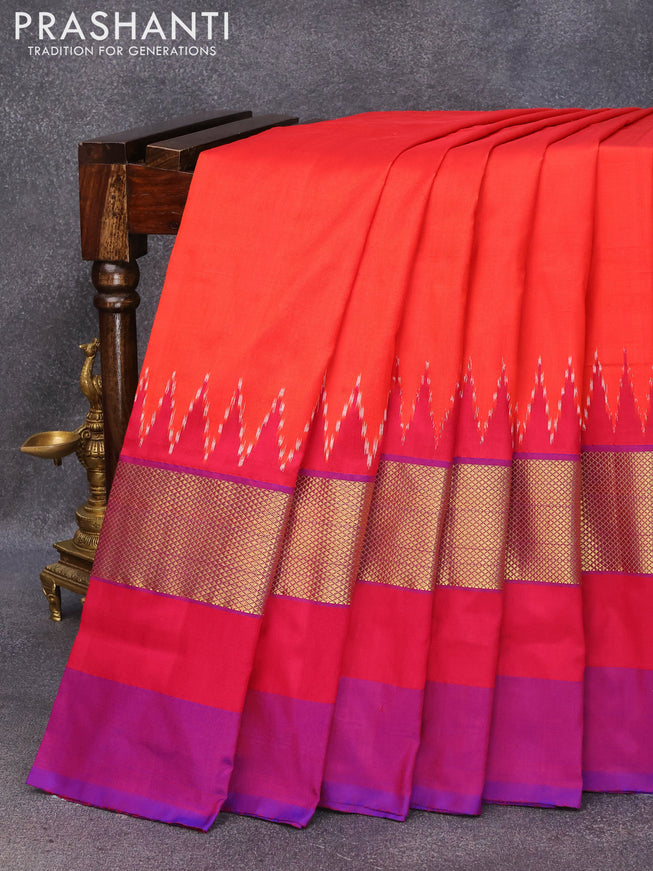 Pochampally silk saree red with plain body and temple design zari woven ganga jamuna border