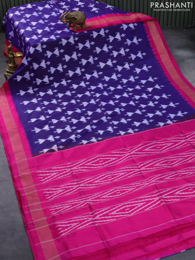 Pochampally silk saree navy blue and pink with allover ikat butta weaves and zari woven border