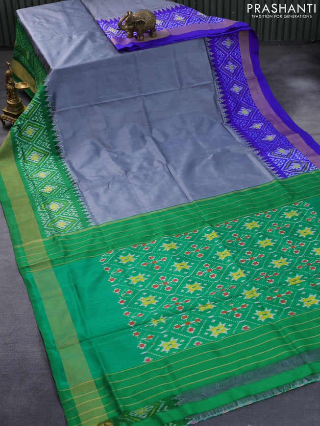 Pochampally silk saree grey with plain body and temple design zari woven ganga jamuna border