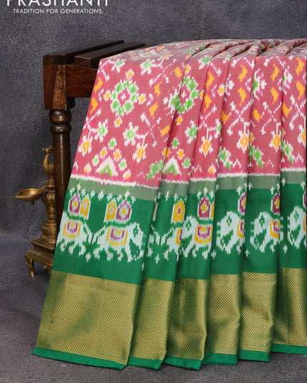 Pochampally silk saree dark magenta pink and gree with allover ikat weaves and zari woven border