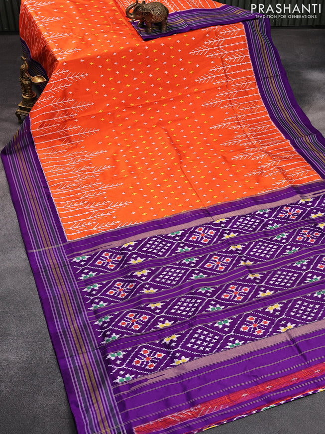 Pochampally silk saree orange and violet with allover ikat weaves and simple border